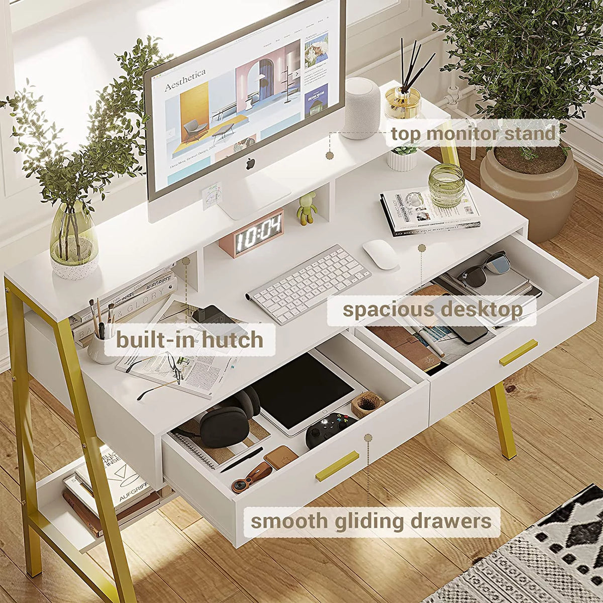White and Gold Computer Desk with Drawers and Monitor Stand C842455