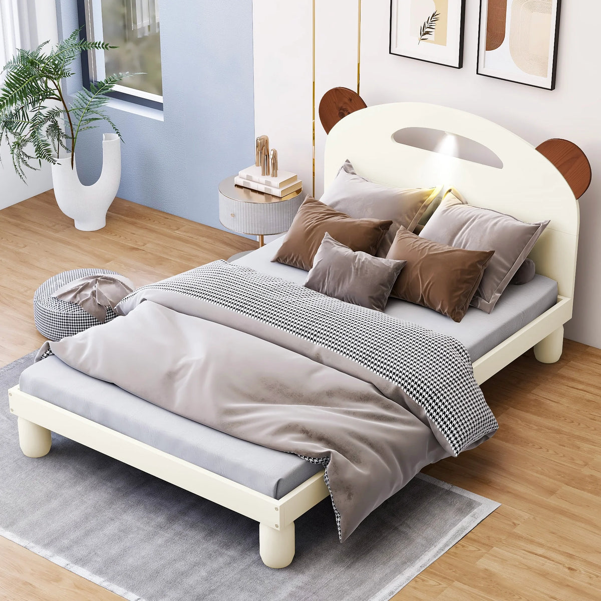 Twin Size Platform Bed with Bear Ears Headboard and LED F6804