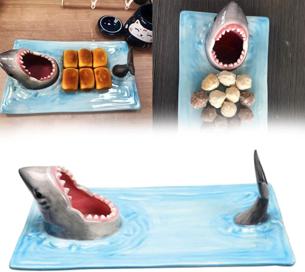 Shark Ceramic Sushi Plate with Soy Sauce Bowl and Chopstick Holder L7256
