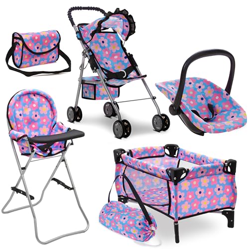 Baby Doll Stroller Bed and Seat Nursery Playset Accessories Furniture Set High Chair Diaper Bag Role Play Deluxe Set I93756