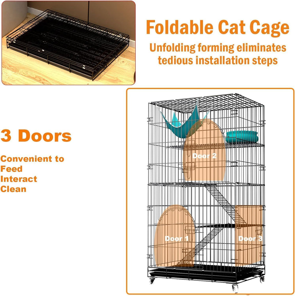 46 inch 3-Tier Folding Metal Wire Cat Cage with Wheels Shelves Ladders Tray F42240