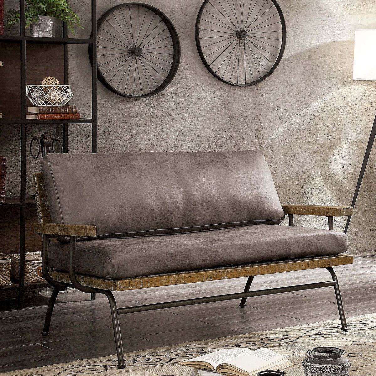 Rustic Cushioned 2-Seater Brown Faux Leather Loveseat V862594