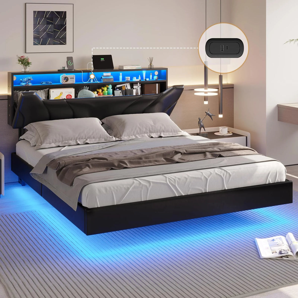 Queen Size Black Upholstered Platform Bed with Storage Headboard X92315