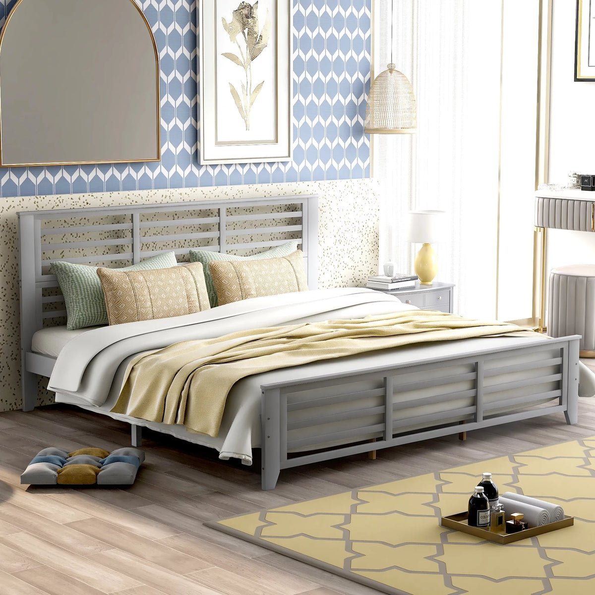King Size Wood Platform Bed Frame with Headboard L73603