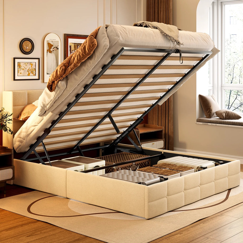 Beige Full Size Hydraulic Storage Bed Frame with Wingback Headboard H88660