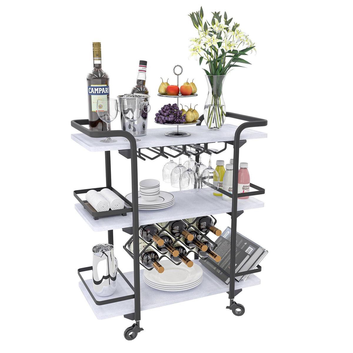 Black 3 Tier Bar Cart with Wheels B627974