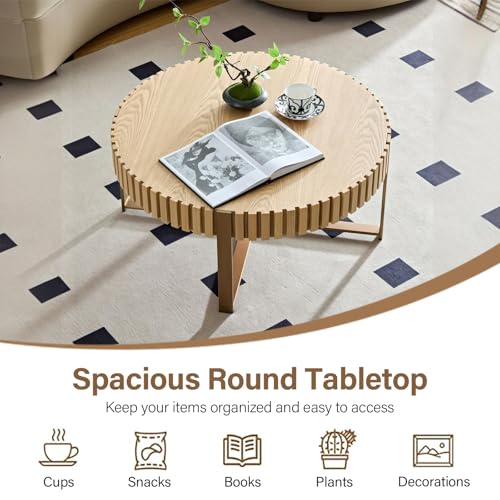 31.5'' Round Solid Wood Coffee Table with Stainless Steel Gold Legs N18372