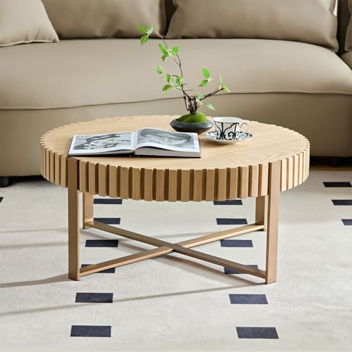 31.5'' Round Solid Wood Coffee Table with Stainless Steel Gold Legs N18372