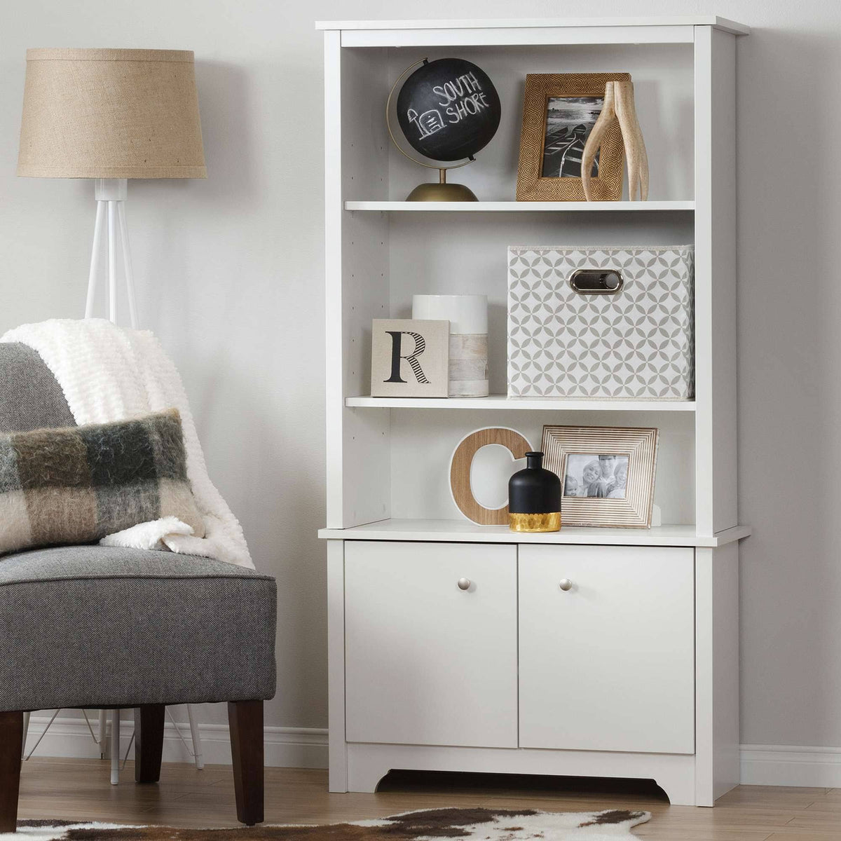 Pure White 3-Shelf Bookcase with Doors A50517