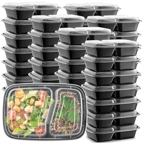 50-Pack 32 oz 2 Compartment Reusable BPA Free Plastic Food Storage Containers with Lids C493288