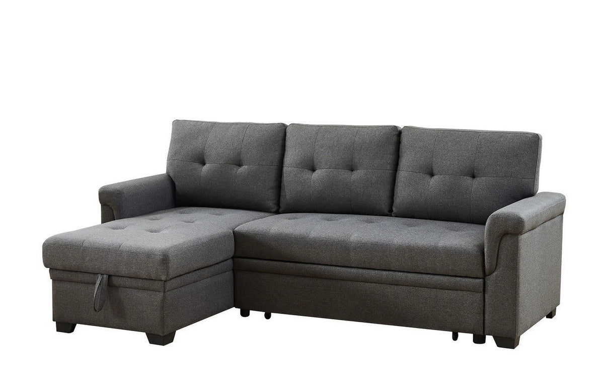 Linen Reversible Sleeper Sectional Sofa with Storage Chaise Dark Gray W8615