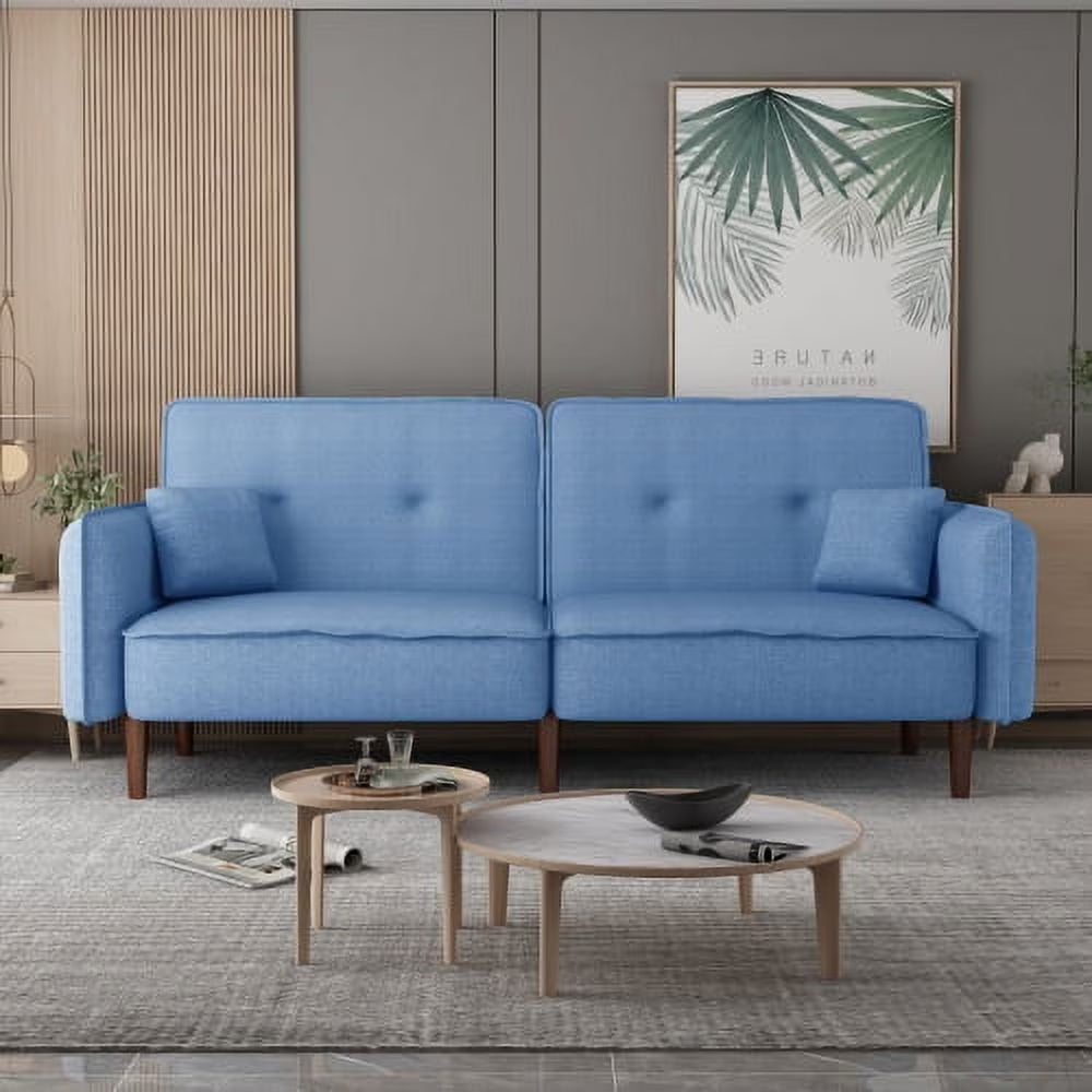 Blue Fabric Futon Sofa Bed with Solid Wood Leg U87350