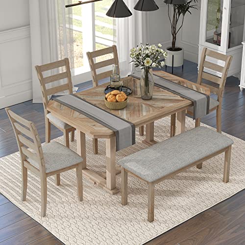 6-Piece Rubber Wood Dining Table Set with 4 Cushioned Chairs and Bench, Light Gray J9934