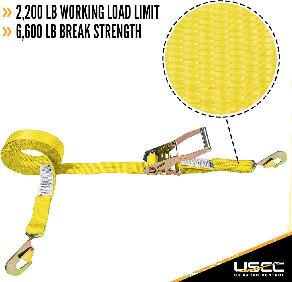 2 Pack Yellow 2 Inch x 20 Foot Ratchet Straps with Snap Hook J756