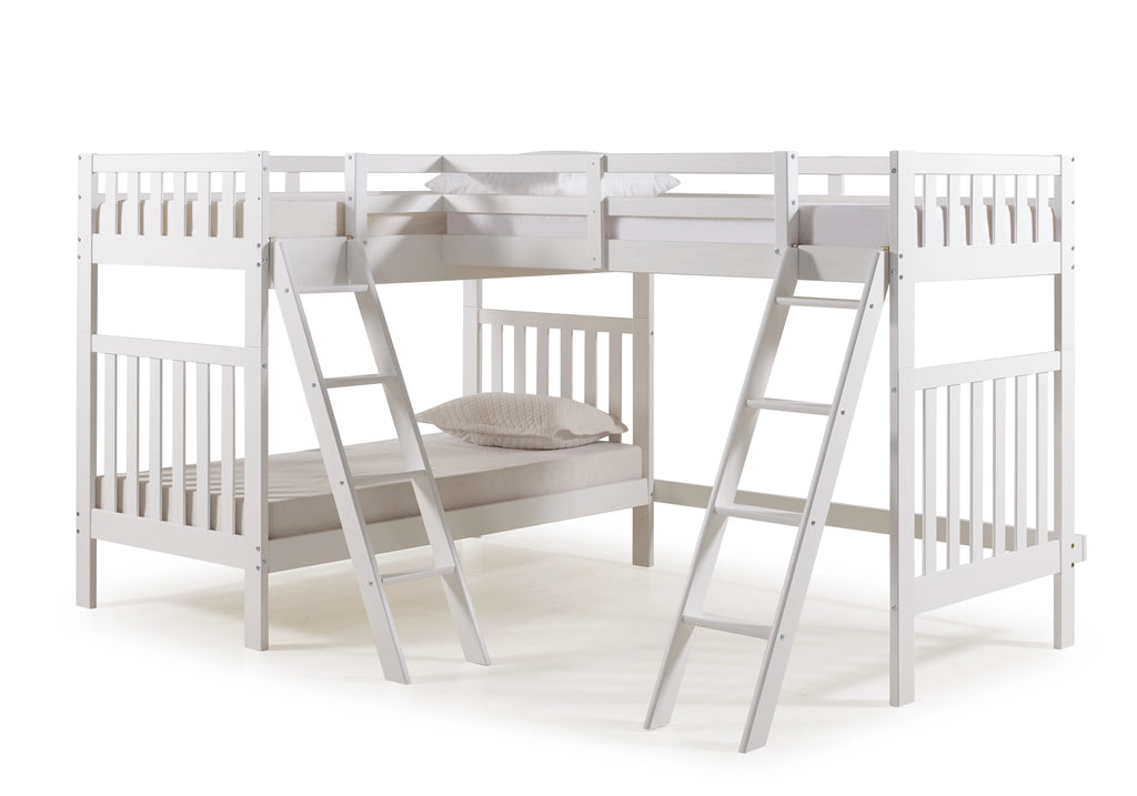 White Twin Over Twin Wood Bunk Bed with Third Bunk Extension L542
