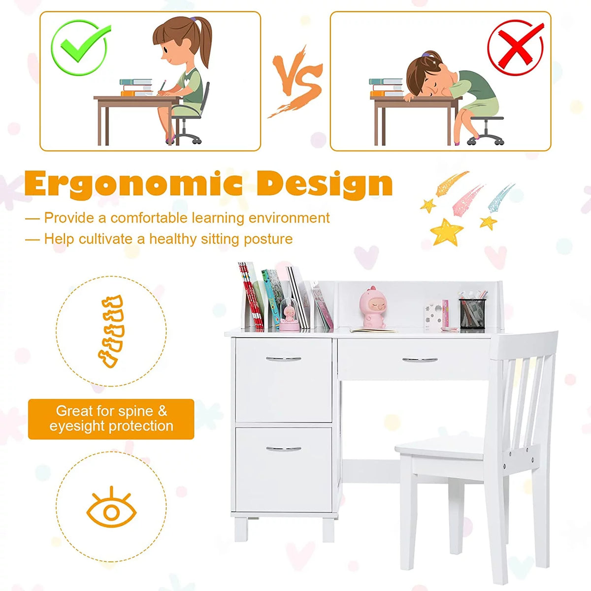 Kids Wooden Desk and Chair Set with Drawer & Storage Cabinets L224903
