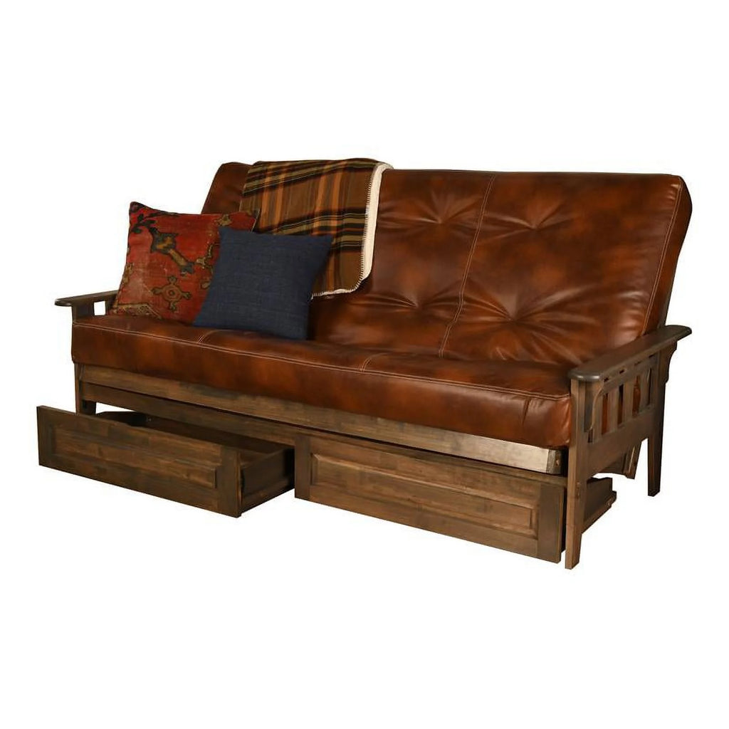 Queen Storage Futon with Brown Faux Leather Mattress I5361