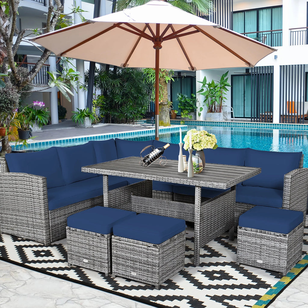 7 Pcs Patio Rattan Dining Set Sectional Sofa Couch Ottoman Black Z49626