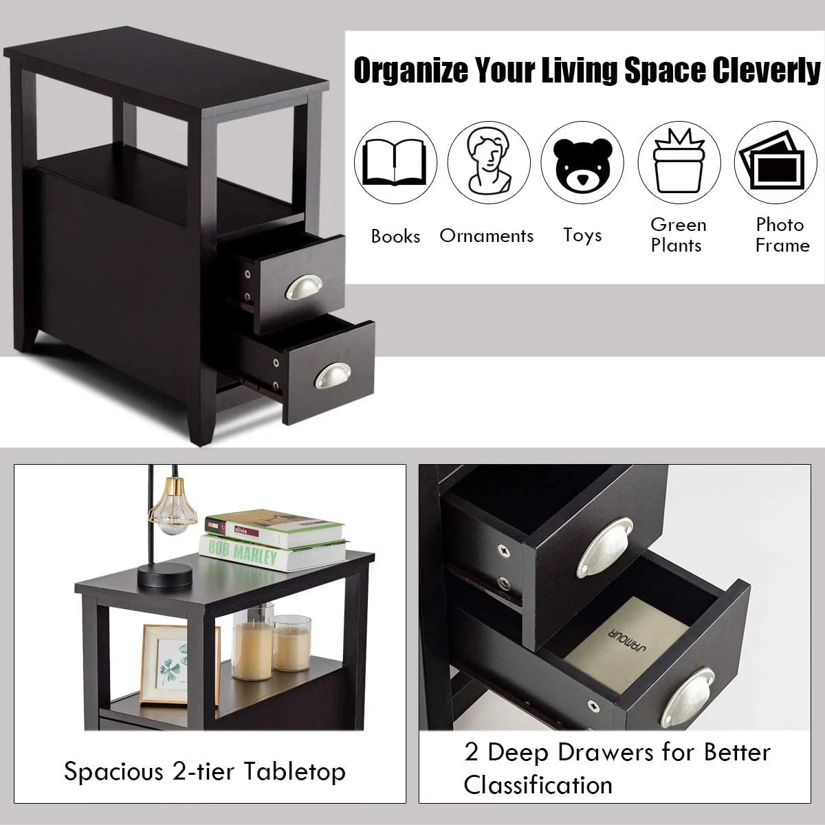 Wooden End Table with 2 Drawers and Shelf F9602