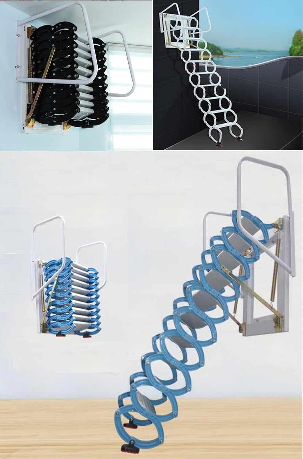 Al-Mg Alloy Attic Steps Pull Down 12 Steps Folding Ladder with Armrests 9.8ft Height 27.6x27.6in Frame Size T919616