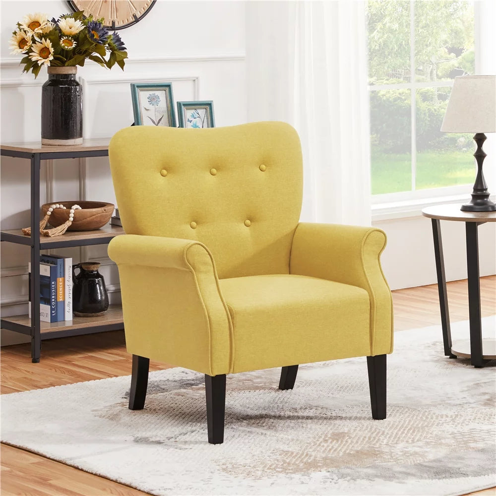 Yellow Upholstered Accent Chair with Wooden Leg H51756