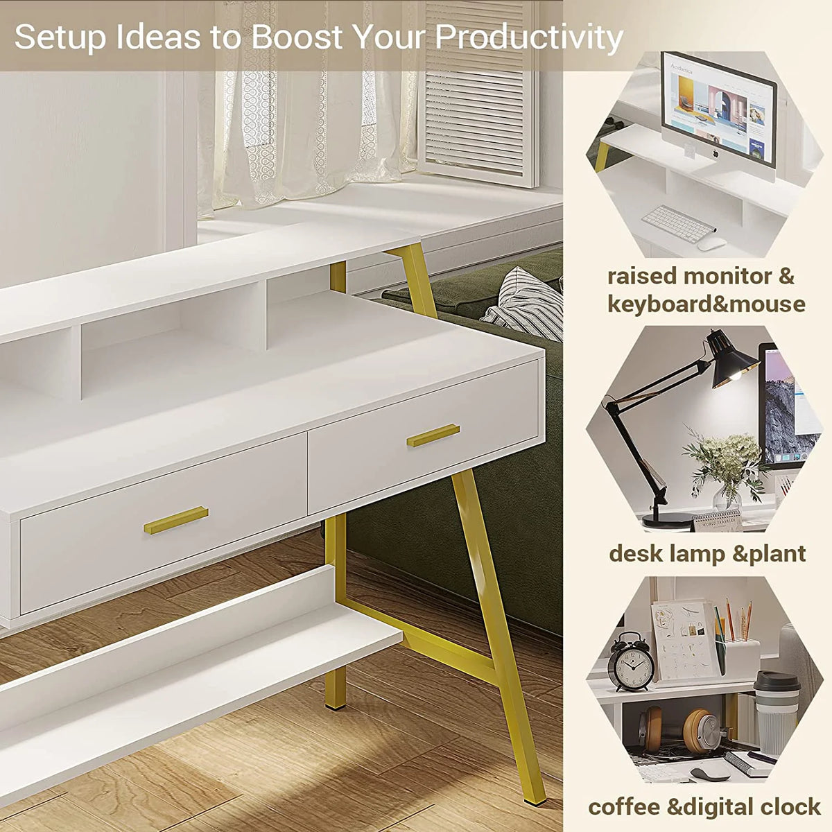 White and Gold Computer Desk with Drawers and Monitor Stand C842455