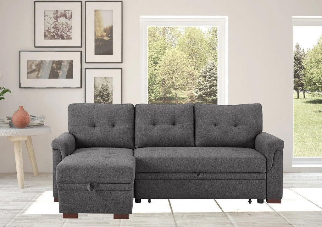 Linen Reversible Sleeper Sectional Sofa with Storage Chaise Dark Gray W8615