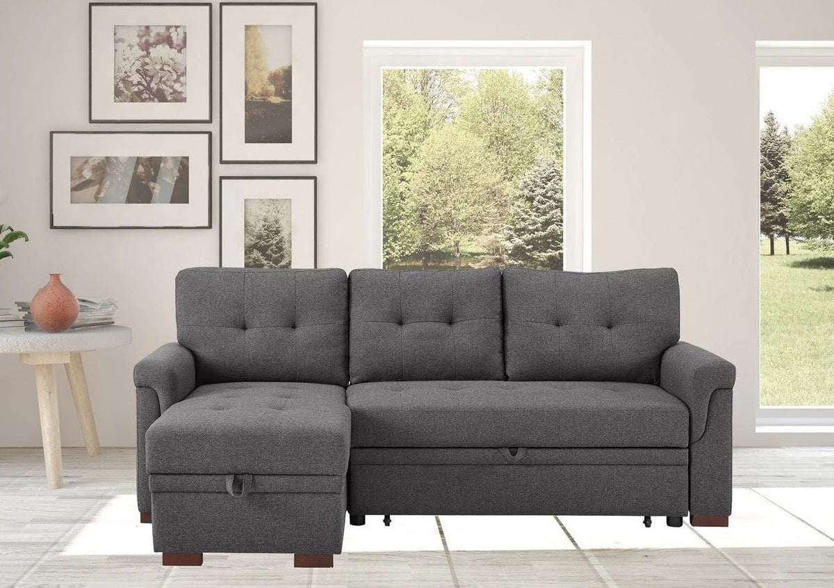 Linen Reversible Sleeper Sectional Sofa with Storage Chaise Dark Gray W8615