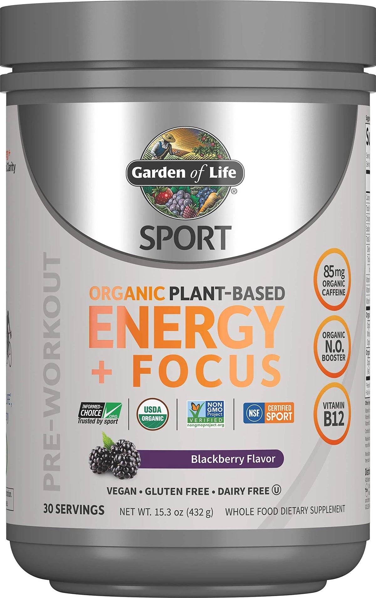 Organic Plant Based Pre Workout Powder 85mg Caffeine Blackberry 15.3 Oz Y68133