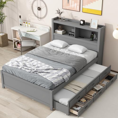 White Full Size Wood Storage Bed with Bookcase Headboard and Trundle C21809