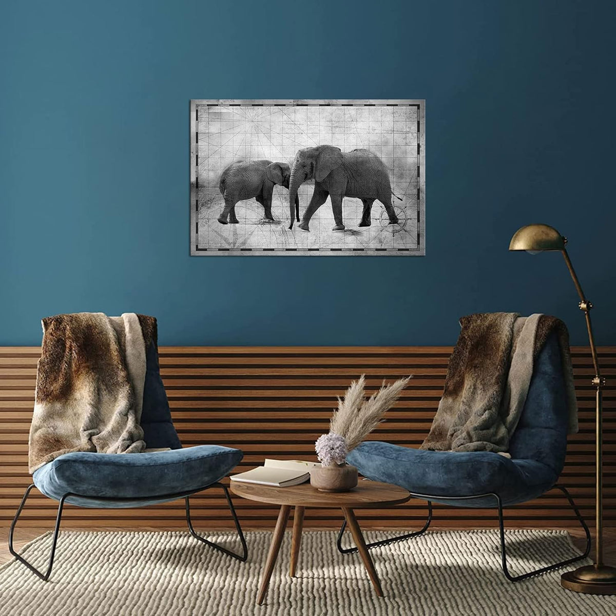Vintage African Animals Wall Art Elephant Print on Nautical Map Canvas Picture Framed A880338