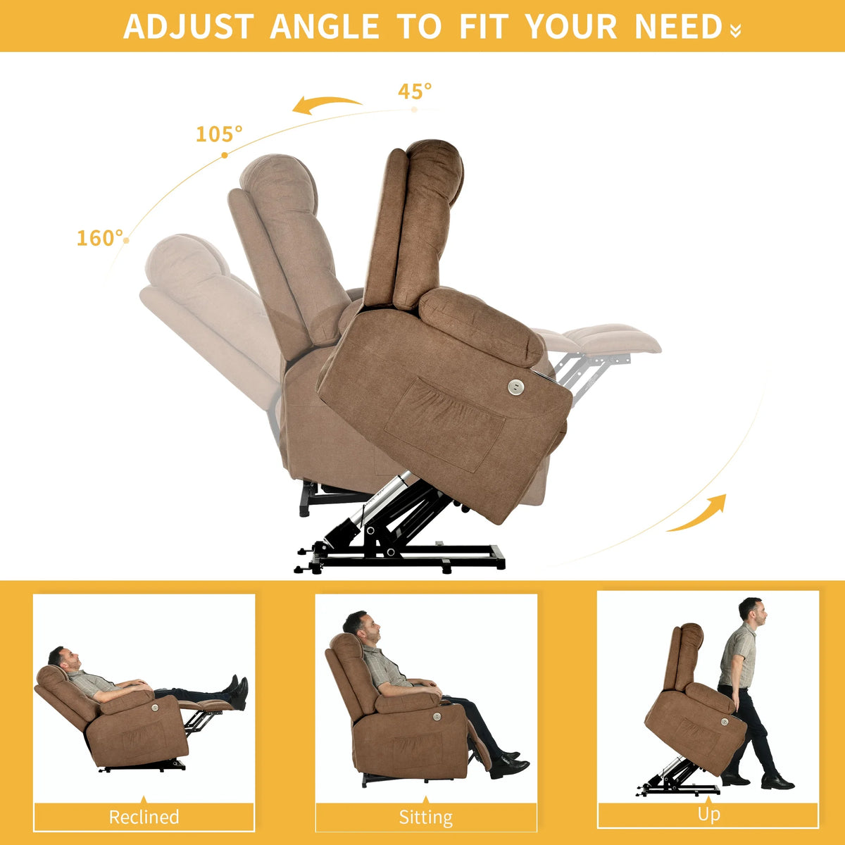 Brown Fabric Power Lift Recliner Chair with Massage and Heat Q79541