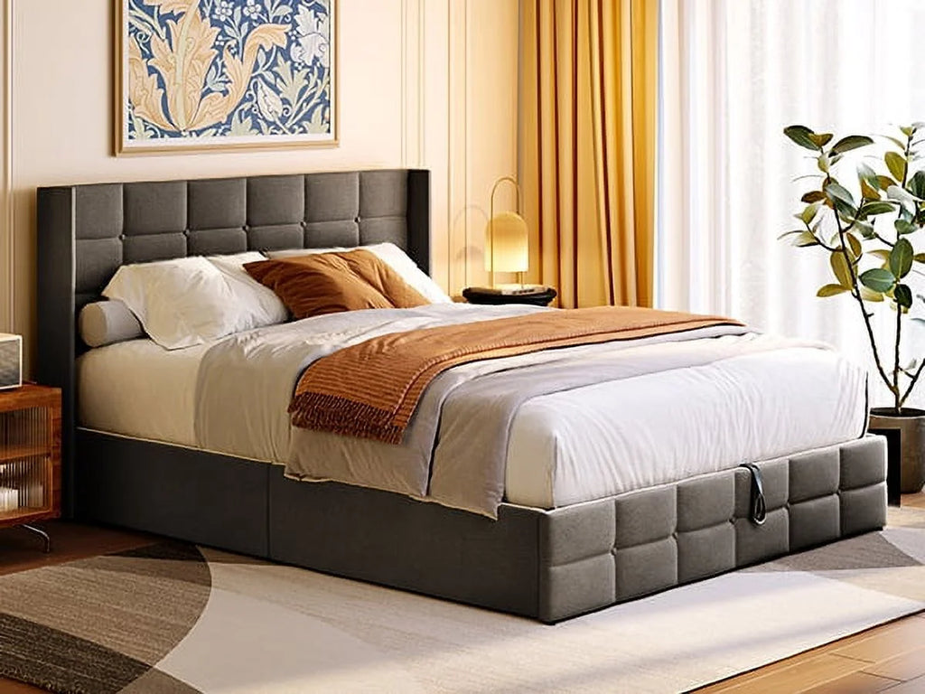 Beige Full Size Hydraulic Storage Bed Frame with Wingback Headboard H88660