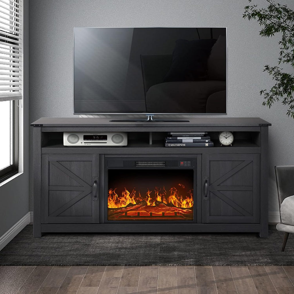 Farmhouse Barn Door TV Stand with 2 Storage Cabinets and Open Shelves S965