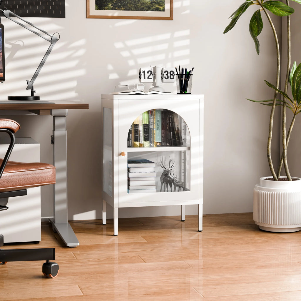 White Metal Buffet Storage Cabinet with Glass Doors F5145