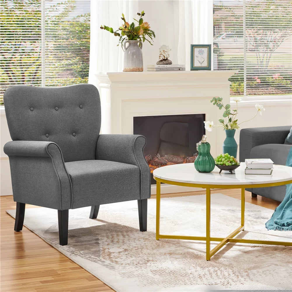 Yellow Upholstered Accent Chair with Wooden Leg H51756
