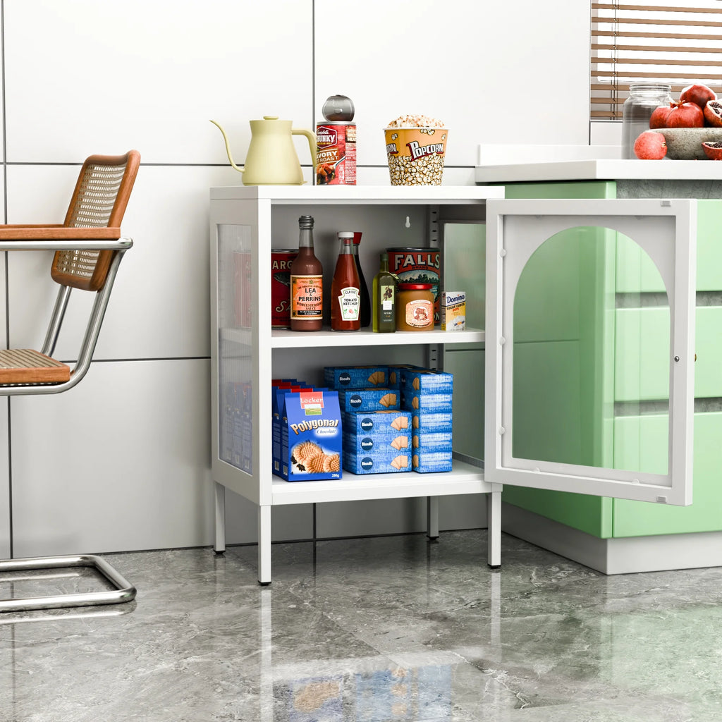 White Metal Buffet Storage Cabinet with Glass Doors F5145