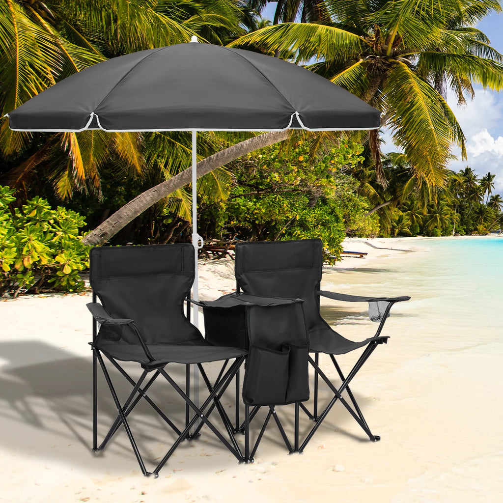 Portable Double Folding Chair with Umbrella, Cooler Bag & Carry Bag, Black J108002