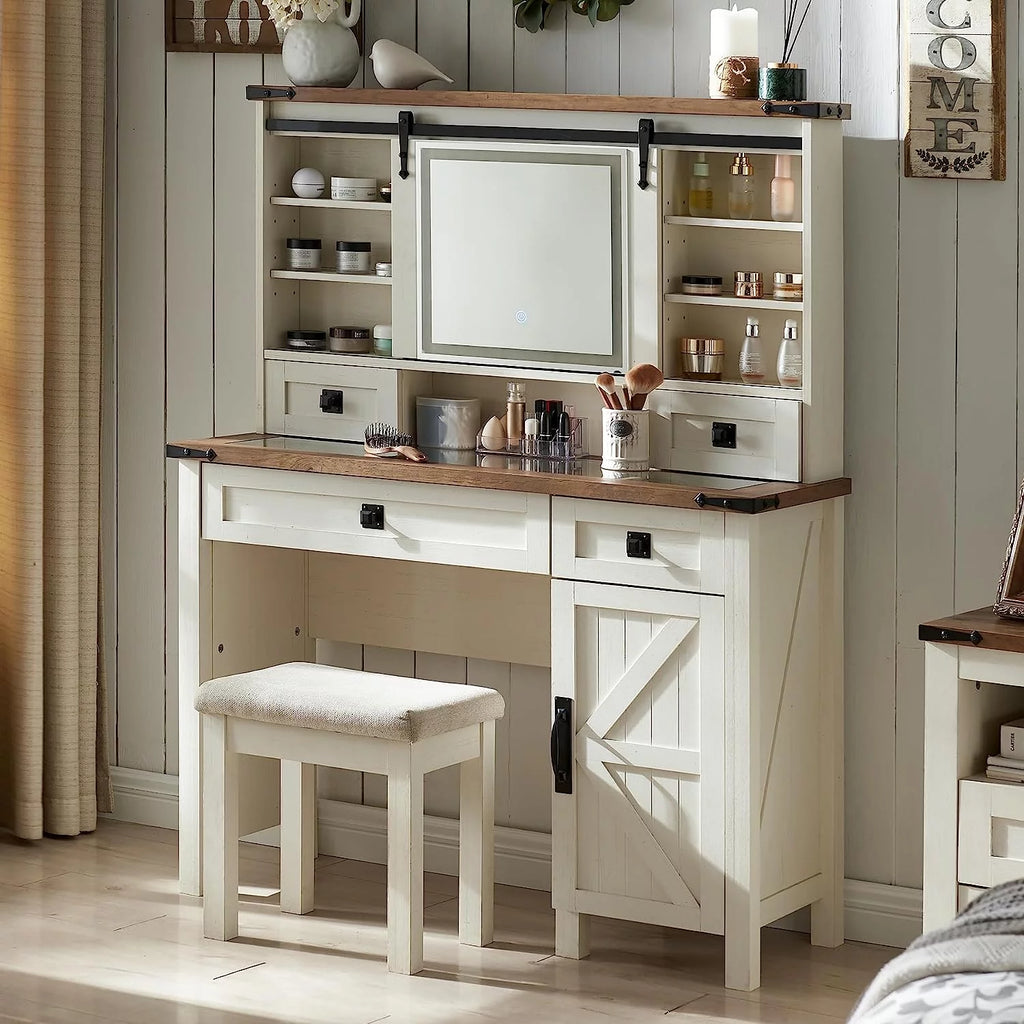 White Vanity Set with Sliding Lighted Mirror and Stool I73177