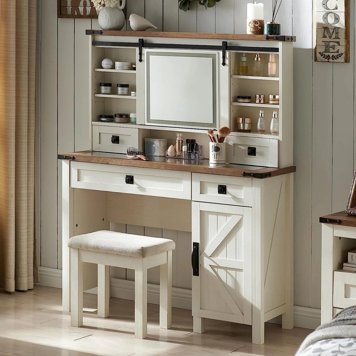 White Vanity Set with Sliding Lighted Mirror and Stool I73177