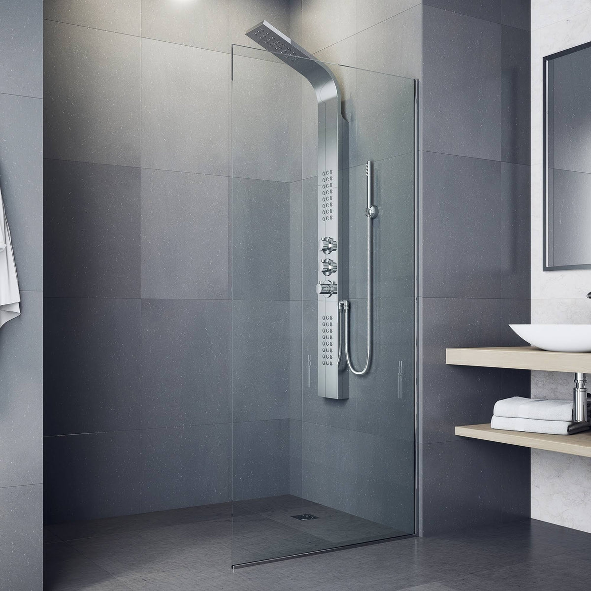 Chrome Shower Panel with Rain Head Massage System W25964