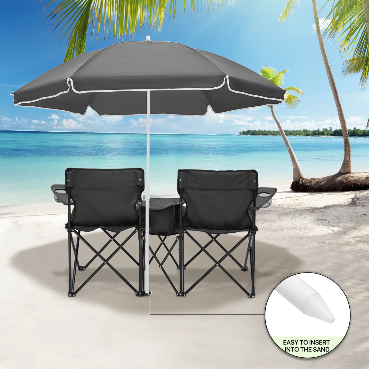Portable Double Folding Chair with Umbrella, Cooler Bag & Carry Bag, Black J108002
