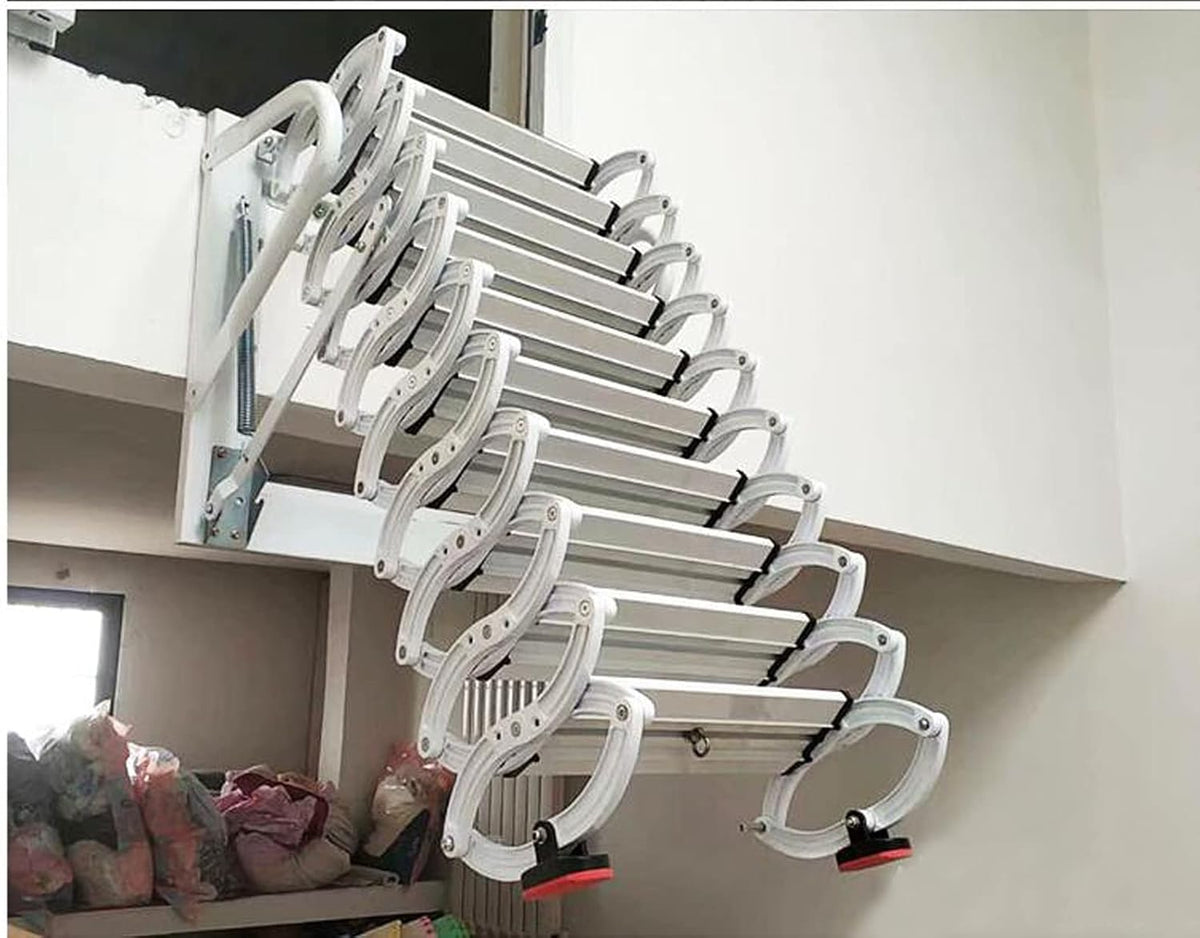 Al-Mg Alloy Attic Steps Pull Down 12 Steps Folding Ladder with Armrests 9.8ft Height 27.6x27.6in Frame Size T919616