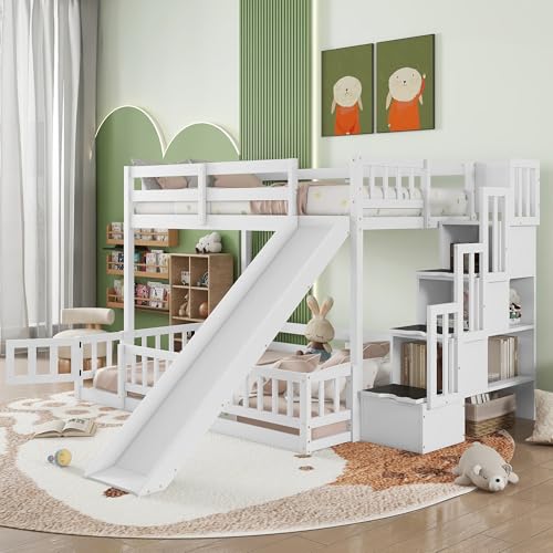 White Twin Over Full Bunk Bed with Slide and Stairs W603