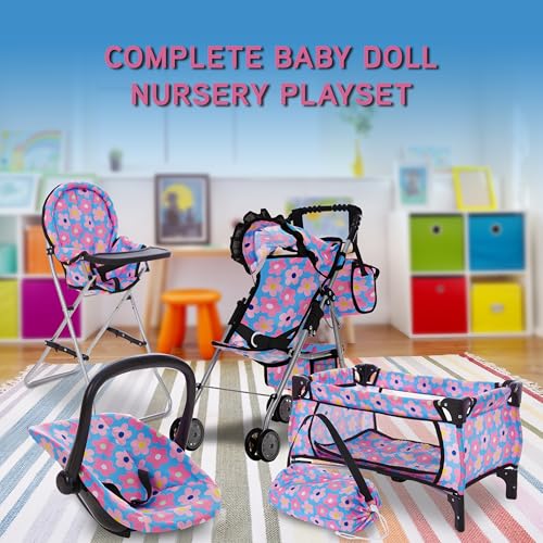Baby Doll Stroller Bed and Seat Nursery Playset Accessories Furniture Set High Chair Diaper Bag Role Play Deluxe Set I93756