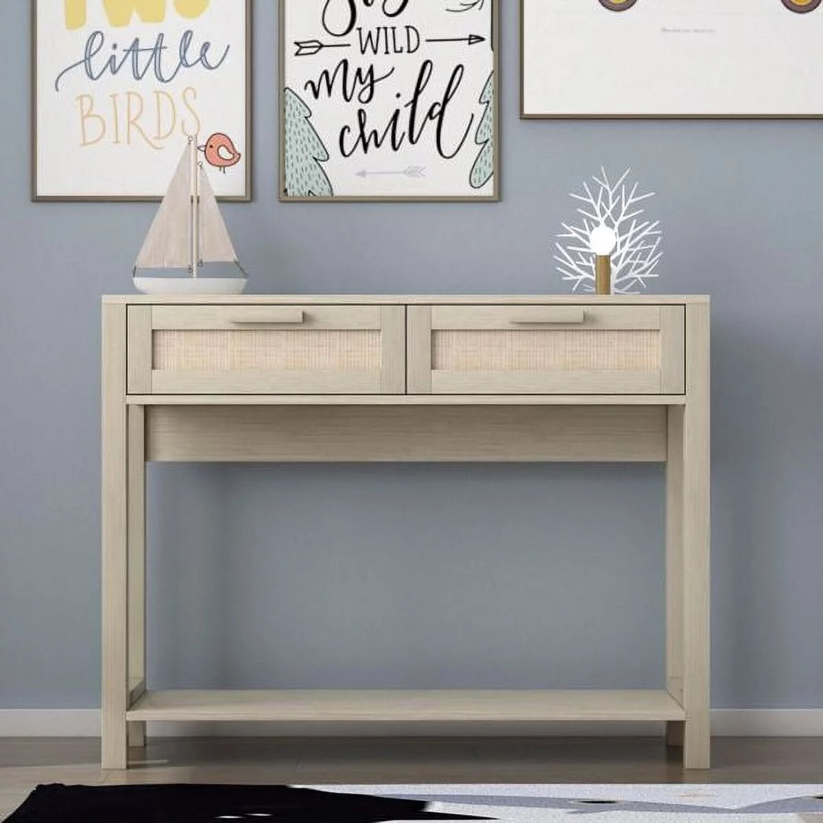 39.4" Rattan Console Table with 2 Drawers Wood Narrow H21915