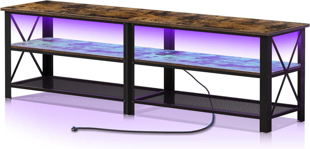 Brown 71 inch Metal TV Stand with LED Lights and Power Outlets R61257
