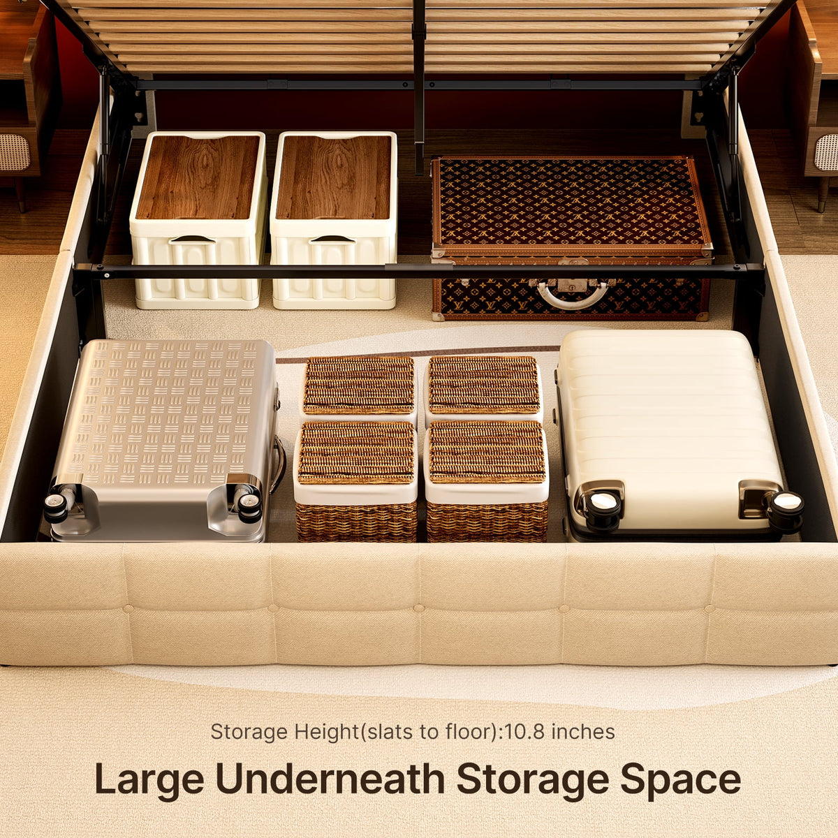 Beige Full Size Hydraulic Storage Bed Frame with Wingback Headboard H88660
