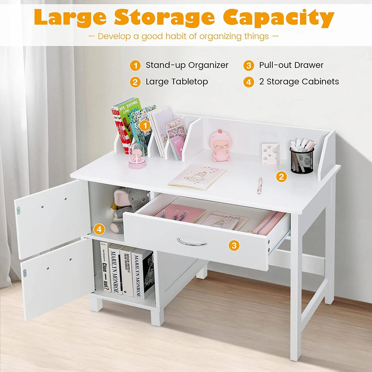 Kids Wooden Desk and Chair Set with Drawer & Storage Cabinets L224903