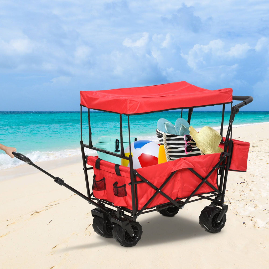 Red Collapsible Garden Utility Cart Wagon with Adjustable Handle, Canopy & All-Terrain Wheels O413